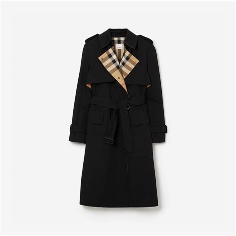 Long Check Lapel Gabardine Trench Coat in Black 